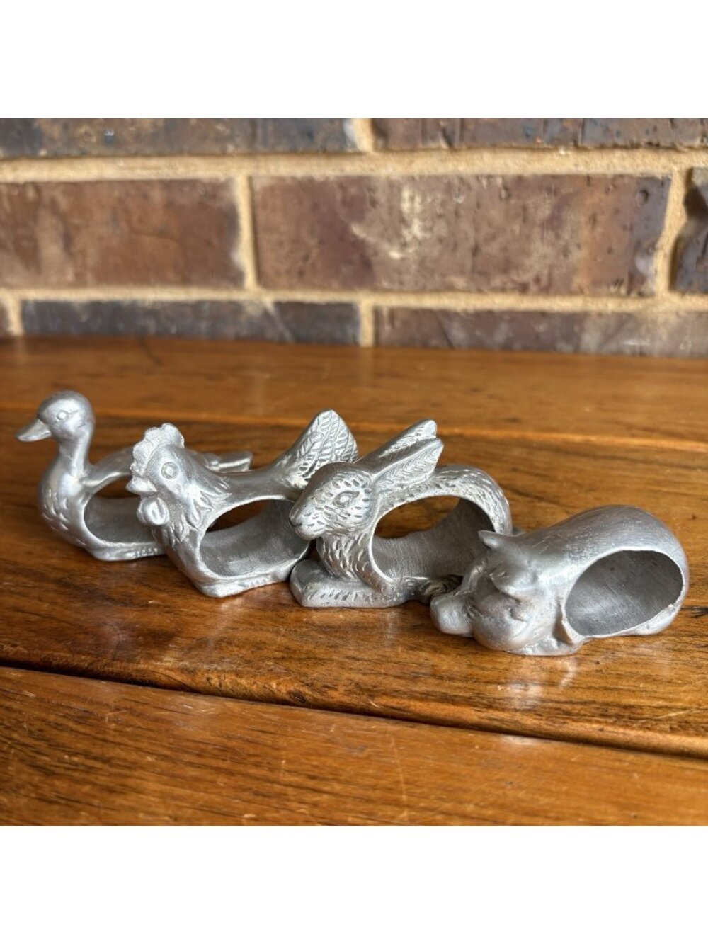Set of 4 Pewter Farm Animal Napkin Rings Pig Rabbit Duck Chicken Decor